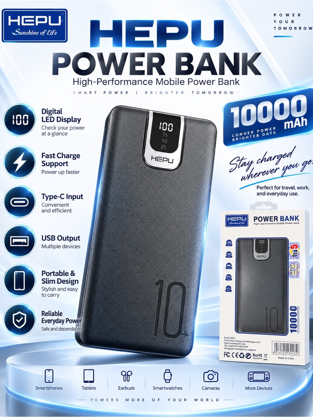 10000mAh Black Power Bank with LED Display